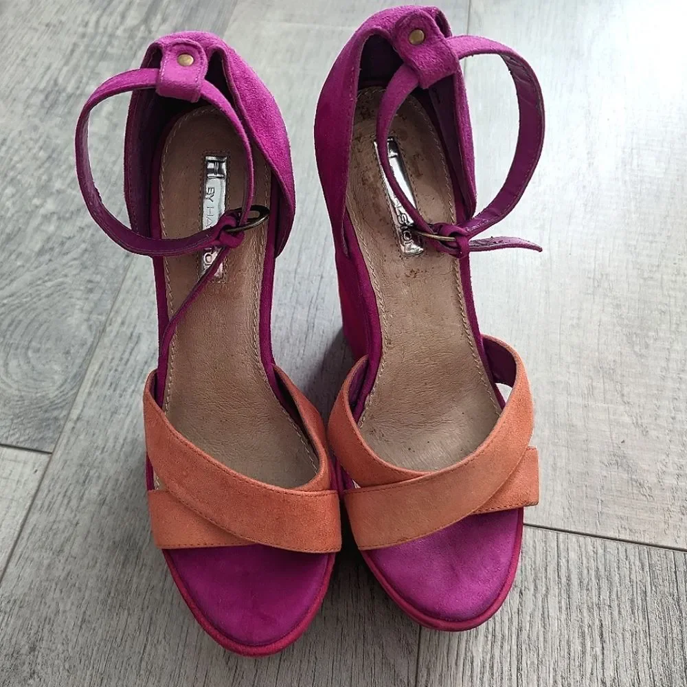 H by Halston GiGi Hot Pink Suede Platform Sandals Fuchsia Magenta Sz 7